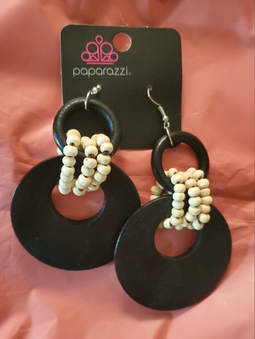 Paparazzi Black Hoop Earrings with Cream Bead Wraps